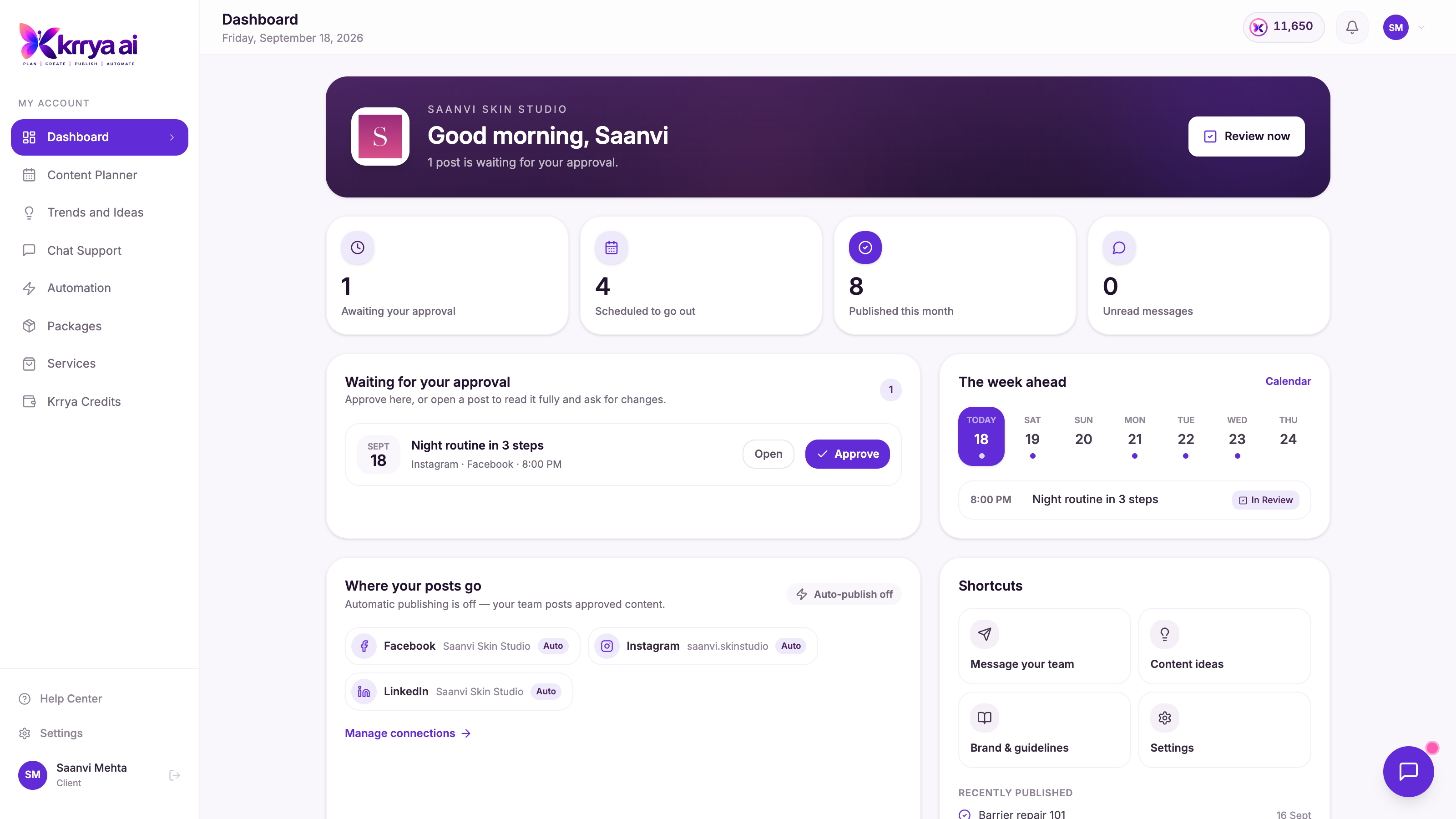 Krrya AI dashboard showing approvals, schedules and connected destinations